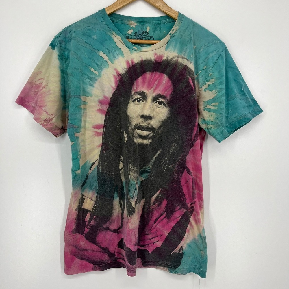 Bob Marley Tie Dye Graphic T-Shirt Mens Medium Rock Icons Teal Pink 2009